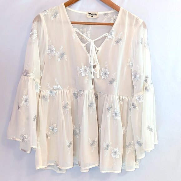 Show Me Your Mumu | Poet Metallic Embroidered Ivory Peasant Blouse | Size Medium - Picture 10 of 13